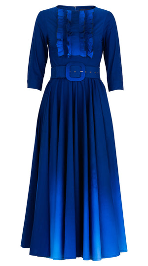 Abelia Dress Boat Neck Ruffle 3/4 Sleeve Midi Length Cotton Stretch (Ombre New)