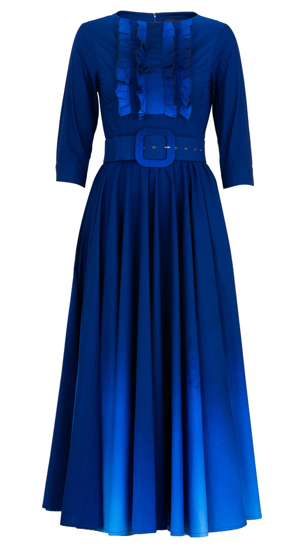 Abelia Dress Boat Neck Ruffle 3/4 Sleeve Midi Length Cotton Stretch (Ombre New)