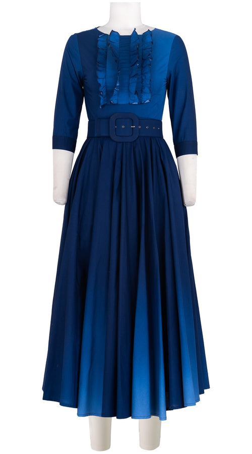 Abelia Dress Boat Neck Ruffle 3/4 Sleeve Midi Length Cotton Stretch (Ombre New)