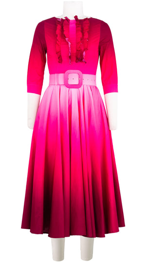 Abelia Dress Boat Neck Ruffle 3/4 Sleeve Midi Length Cotton Stretch (Ombre New)