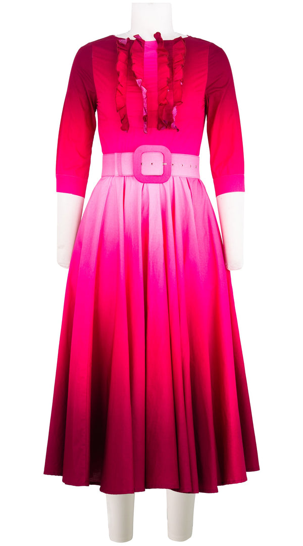 Abelia Dress Boat Neck Ruffle 3/4 Sleeve Midi Length Cotton Stretch (Ombre New)