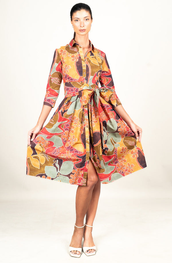 Audrey Dress #1 Shirt Collar 3/4 Sleeve Long Length Cotton Stretch (Orchard Flower)
