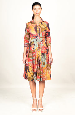 Audrey Dress #1 Shirt Collar 3/4 Sleeve Long Length Cotton Stretch (Orchard Flower)