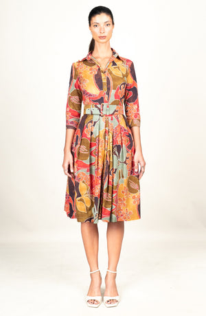 Audrey Dress #1 Shirt Collar 3/4 Sleeve Long Length Cotton Stretch (Orchard Flower)