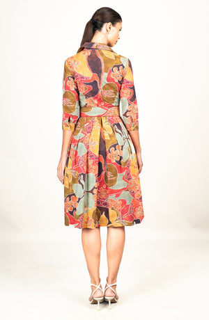 Audrey Dress #1 Shirt Collar 3/4 Sleeve Long Length Cotton Stretch (Orchard Flower)