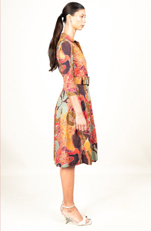 Audrey Dress #1 Shirt Collar 3/4 Sleeve Long Length Cotton Stretch (Orchard Flower)