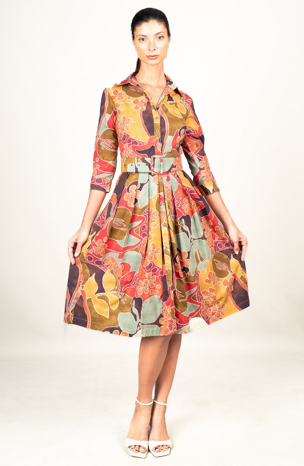 Audrey Dress #1 Shirt Collar 3/4 Sleeve Long Length Cotton Stretch (Orchard Flower)