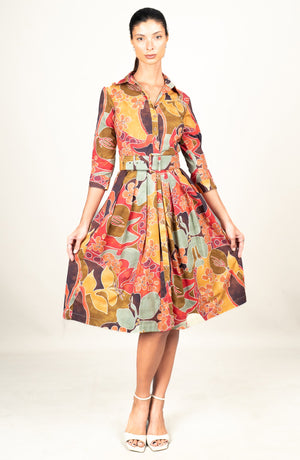 Audrey Dress #1 Shirt Collar 3/4 Sleeve Long Length Cotton Stretch (Orchard Flower)