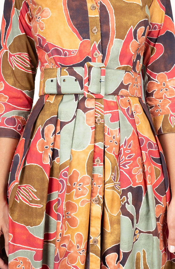Audrey Dress #1 Shirt Collar 3/4 Sleeve Long Length Cotton Stretch (Orchard Flower)