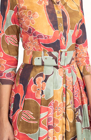 Audrey Dress #1 Shirt Collar 3/4 Sleeve Long Length Cotton Stretch (Orchard Flower)
