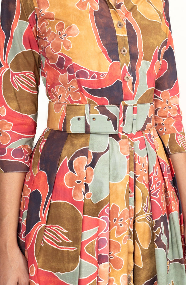 Audrey Dress #1 Shirt Collar 3/4 Sleeve Long Length Cotton Stretch (Orchard Flower)