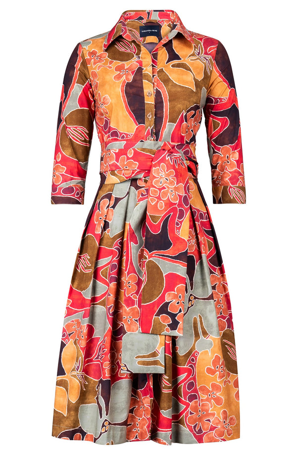 Audrey Dress #1 Shirt Collar 3/4 Sleeve Long Length Cotton Stretch (Orchard Flower)