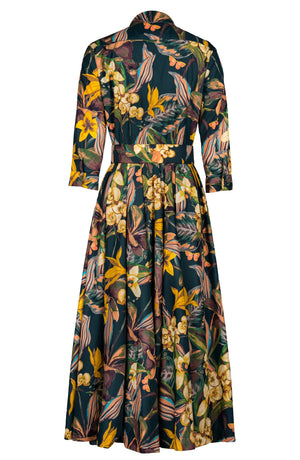 Aster Dress Shirt Collar 3/4 Sleeve Midi Plus Length Poliamide Taffta (Orchid Oil Painting)