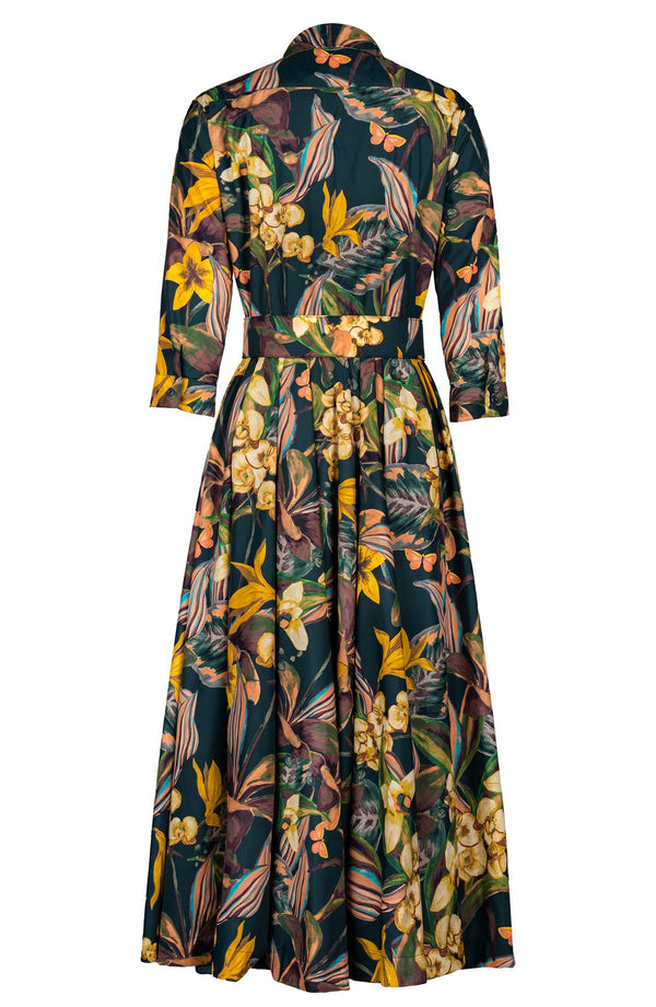 Aster Dress Shirt Collar 3/4 Sleeve Midi Plus Length Poliamide Taffta (Orchid Oil Painting)