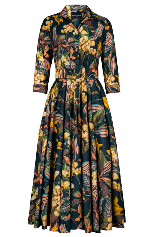 Aster Dress Shirt Collar 3/4 Sleeve Midi Plus Length Poliamide Taffta (Orchid Oil Painting)