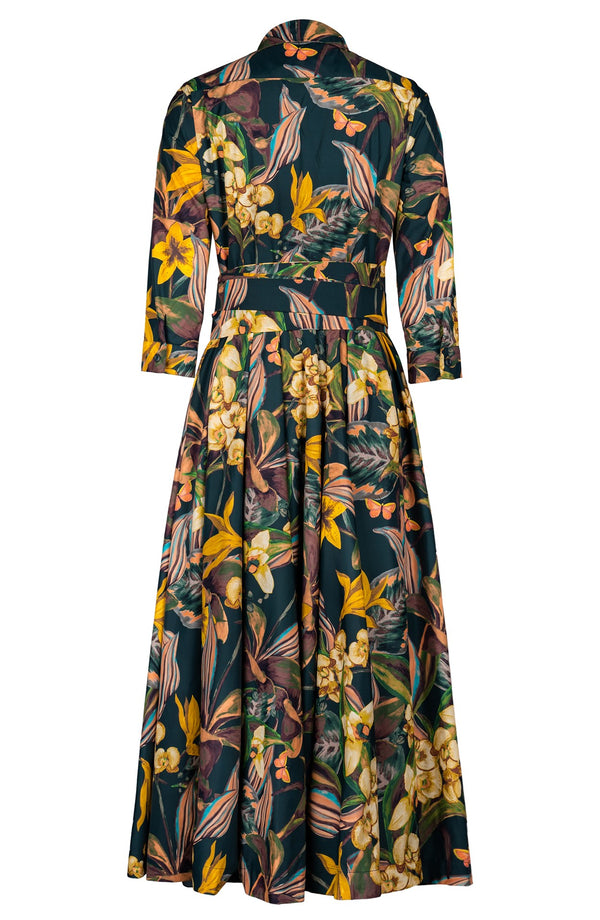 Aster Dress Shirt Collar 3/4 Sleeve Midi Plus Length Poliamide Taffta (Orchid Oil Painting)