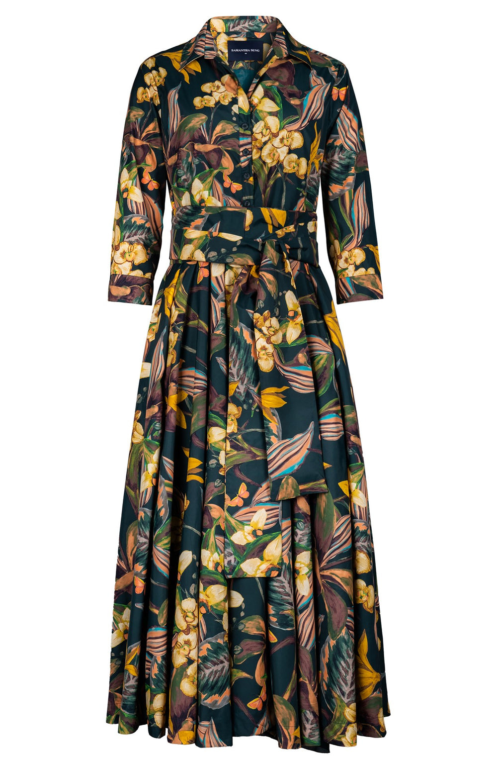 Aster Dress Shirt Collar 3/4 Sleeve Midi Plus Length Poliamide Taffta (Orchid Oil Painting)