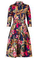 Audrey Dress #1 Shirt Collar 3/4 Sleeve Long Length Cotton Stretch (Orchid Oil Painting)