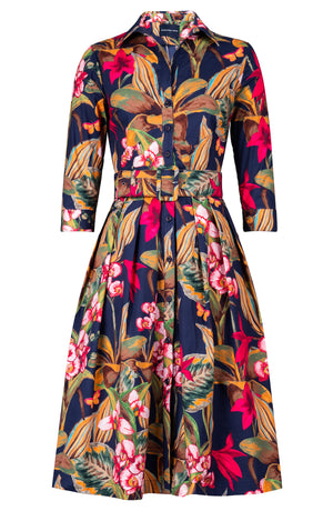 Audrey Dress #1 Shirt Collar 3/4 Sleeve Long Length Cotton Stretch (Orchid Oil Painting)