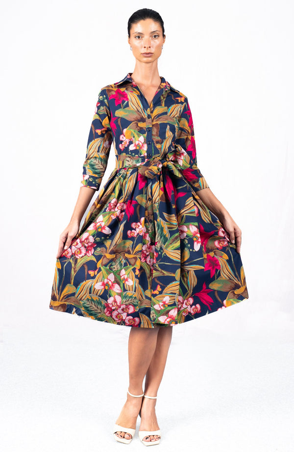 Audrey Dress #1 Shirt Collar 3/4 Sleeve Long Length Cotton Stretch (Orchid Oil Painting)