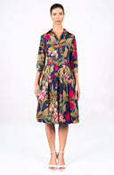 Audrey Dress #1 Shirt Collar 3/4 Sleeve Long Length Cotton Stretch (Orchid Oil Painting)