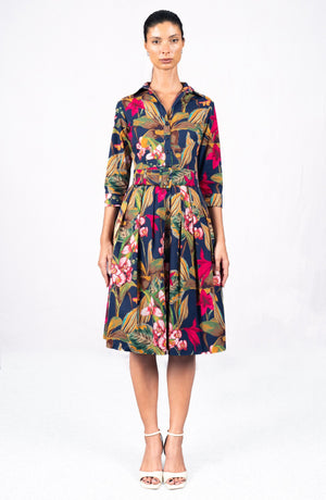 Audrey Dress #1 Shirt Collar 3/4 Sleeve Long Length Cotton Stretch (Orchid Oil Painting)