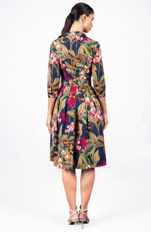 Audrey Dress #1 Shirt Collar 3/4 Sleeve Long Length Cotton Stretch (Orchid Oil Painting)