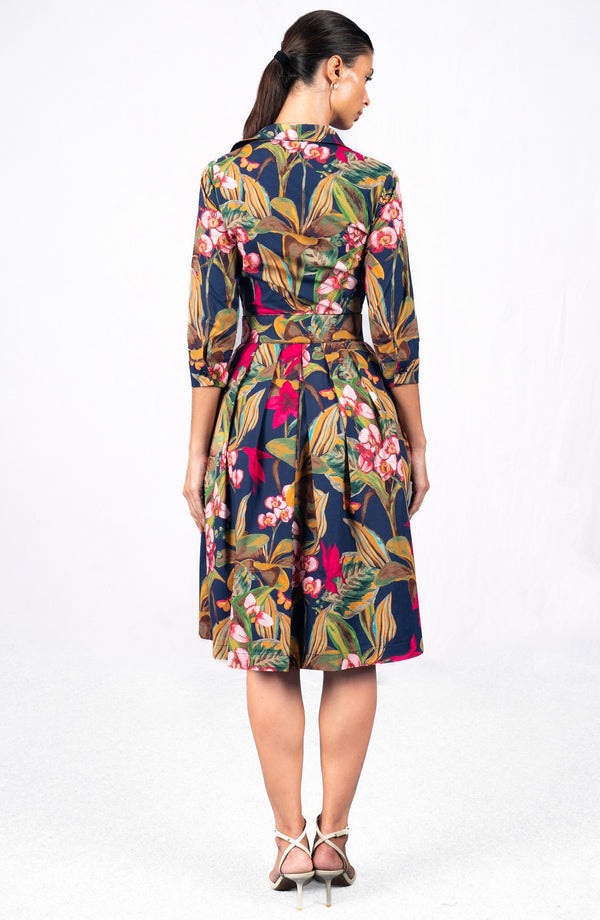 Audrey Dress #1 Shirt Collar 3/4 Sleeve Long Length Cotton Stretch (Orchid Oil Painting)