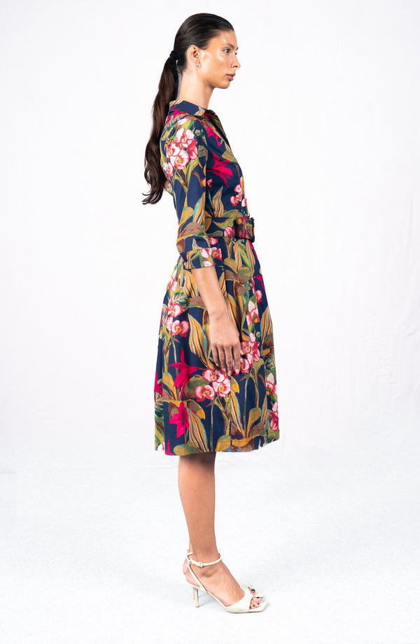Audrey Dress #1 Shirt Collar 3/4 Sleeve Long Length Cotton Stretch (Orchid Oil Painting)