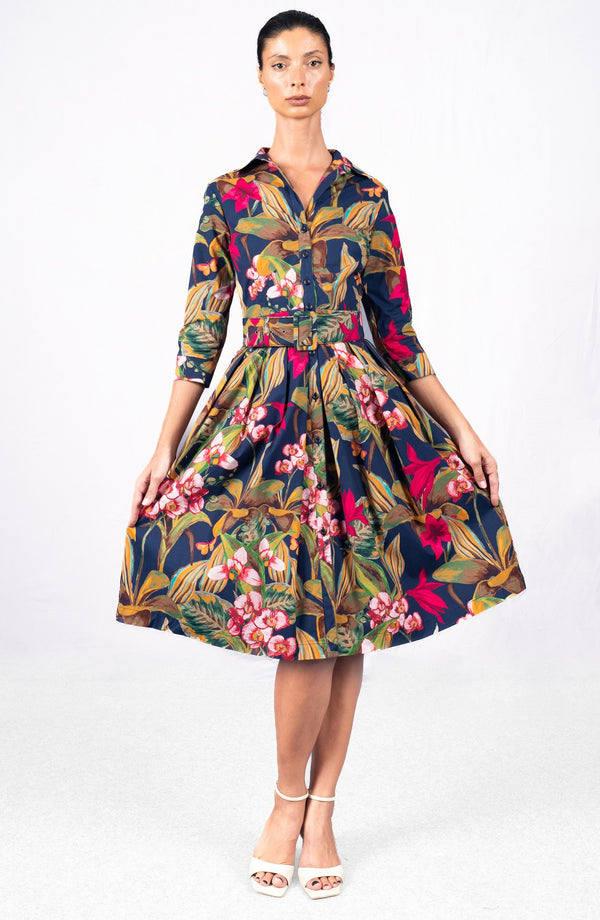 Audrey Dress #1 Shirt Collar 3/4 Sleeve Long Length Cotton Stretch (Orchid Oil Painting)