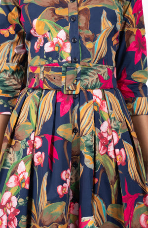 Audrey Dress #1 Shirt Collar 3/4 Sleeve Long Length Cotton Stretch (Orchid Oil Painting)