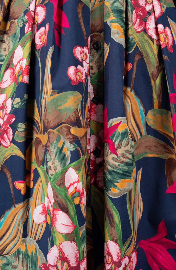 Audrey Dress #1 Shirt Collar 3/4 Sleeve Long Length Cotton Stretch (Orchid Oil Painting)