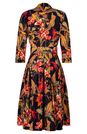 Audrey Dress #1 Shirt Collar 3/4 Sleeve Long Length Cotton Stretch (Orchid Oil Painting)