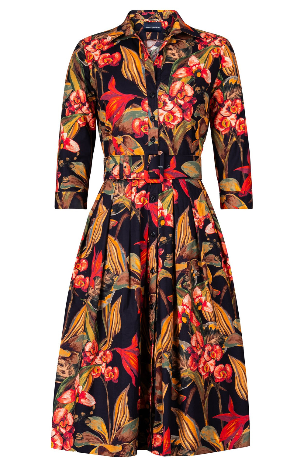 Audrey Dress #1 Shirt Collar 3/4 Sleeve Long Length Cotton Stretch (Orchid Oil Painting)