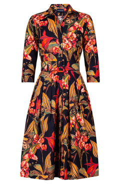 Audrey Dress #1 Shirt Collar 3/4 Sleeve Long Length Cotton Stretch (Orchid Oil Painting)
