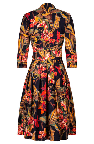 Audrey Dress #1 Shirt Collar 3/4 Sleeve Long Length Cotton Stretch (Orchid Oil Painting)