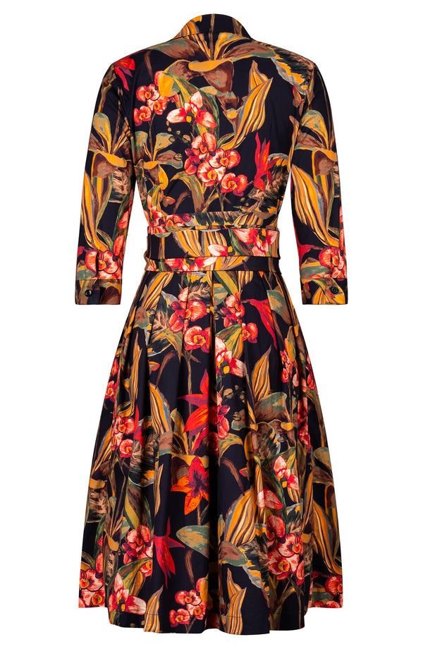Audrey Dress #1 Shirt Collar 3/4 Sleeve Long Length Cotton Stretch (Orchid Oil Painting)
