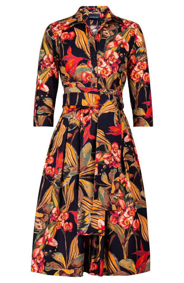 Audrey Dress #1 Shirt Collar 3/4 Sleeve Long Length Cotton Stretch (Orchid Oil Painting)