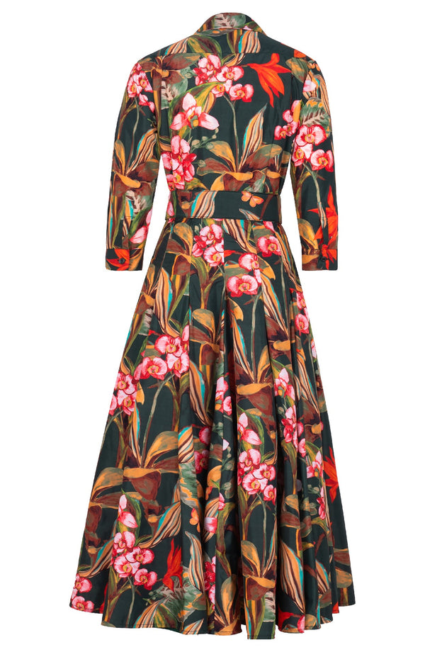 Samantha Dress Shirt Collar 3/4 Sleeve Midi Plus Length Poliamide Taffta (Orchid Oil Painting)