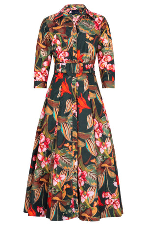 Samantha Dress Shirt Collar 3/4 Sleeve Midi Plus Length Poliamide Taffta (Orchid Oil Painting)