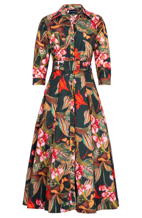 Samantha Dress Shirt Collar 3/4 Sleeve Midi Plus Length Poliamide Taffta (Orchid Oil Painting)