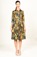 Audrey Dress #1 Shirt Collar 3/4 Sleeve Long Length Cotton Stretch (Orchid Oil Painting)