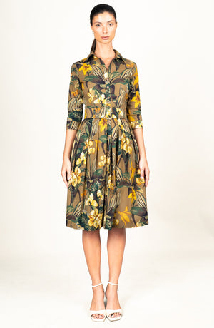 Audrey Dress #1 Shirt Collar 3/4 Sleeve Long Length Cotton Stretch (Orchid Oil Painting)