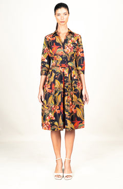 Audrey Dress #1 Shirt Collar 3/4 Sleeve Long Length Cotton Stretch (Orchid Oil Painting)