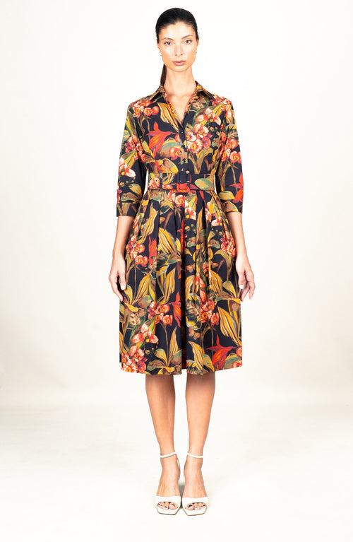 Audrey Dress #1 Shirt Collar 3/4 Sleeve Long Length Cotton Stretch (Orchid Oil Painting)