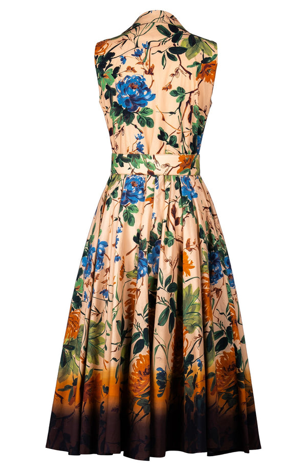Abelia Dress Shirt Collar Sleeveless Midi Length Cotton Stretch (Oriental Flower Ombre)