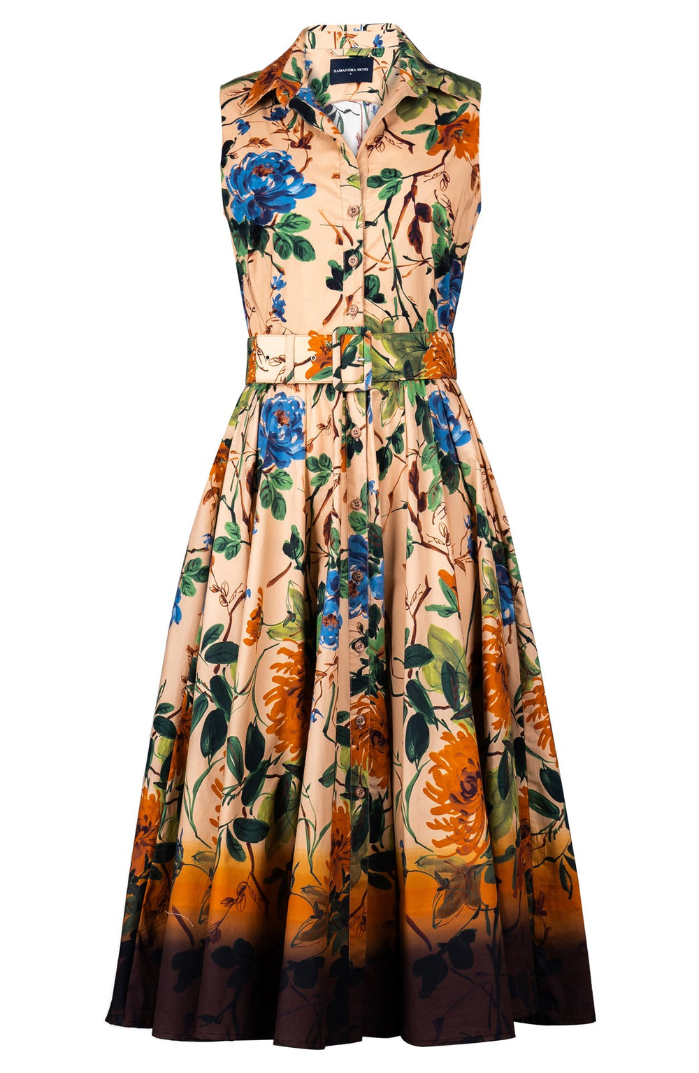 Abelia Dress Shirt Collar Sleeveless Midi Length Cotton Stretch (Oriental Flower Ombre)