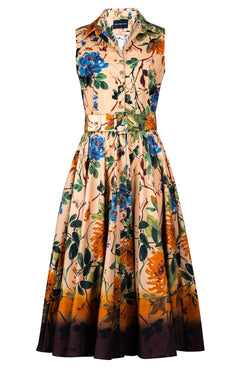 Abelia Dress Shirt Collar Sleeveless Midi Length Cotton Stretch (Oriental Flower Ombre)