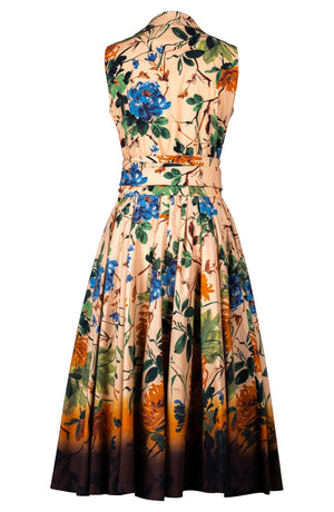 Abelia Dress Shirt Collar Sleeveless Midi Length Cotton Stretch (Oriental Flower Ombre)