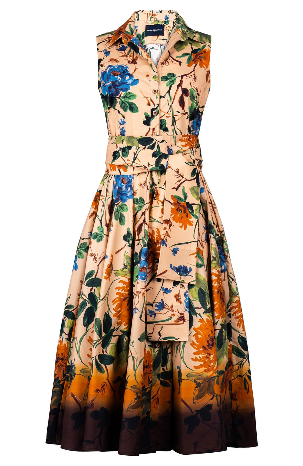 Abelia Dress Shirt Collar Sleeveless Midi Length Cotton Stretch (Oriental Flower Ombre)